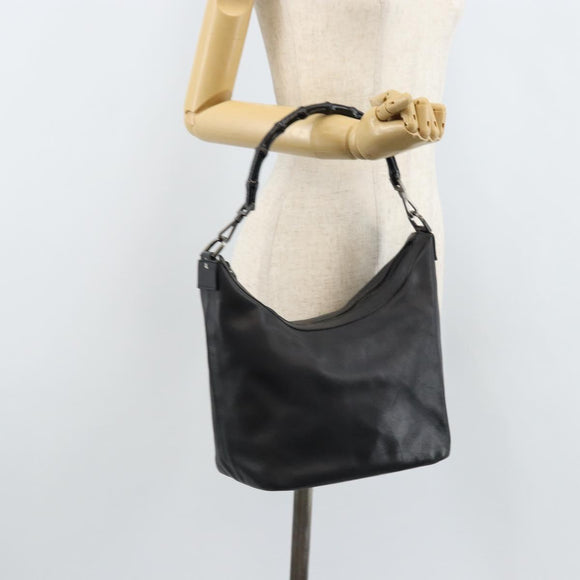 GUCCI Bamboo Hand Bag Leather Black Silver 000 0531 Auth ka2522