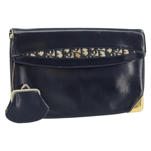 Christian Dior Trotter Canvas Clutch Bag Leather Navy Silver Auth ka2535