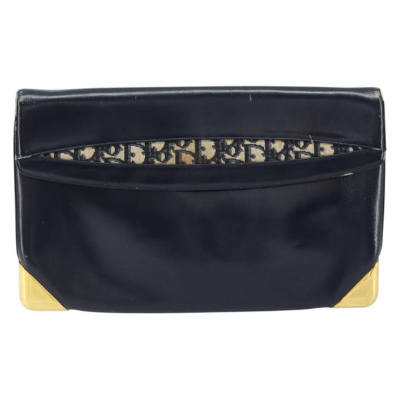 Christian Dior Trotter Canvas Clutch Bag Leather Navy Silver Auth ka2535