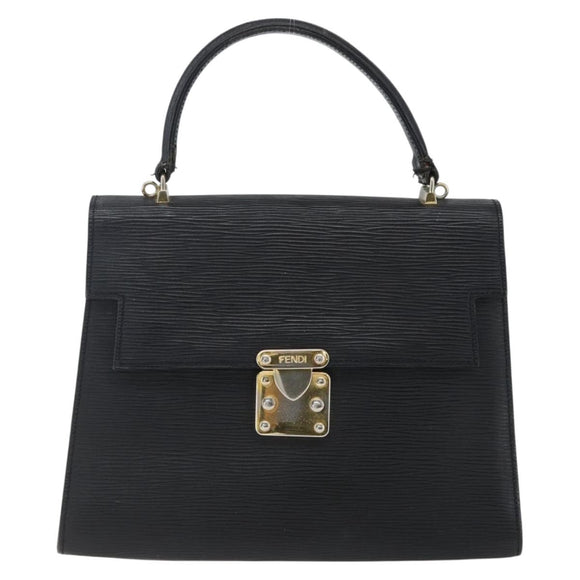 FENDI Hand Bag Leather Black Gold Auth ka2601