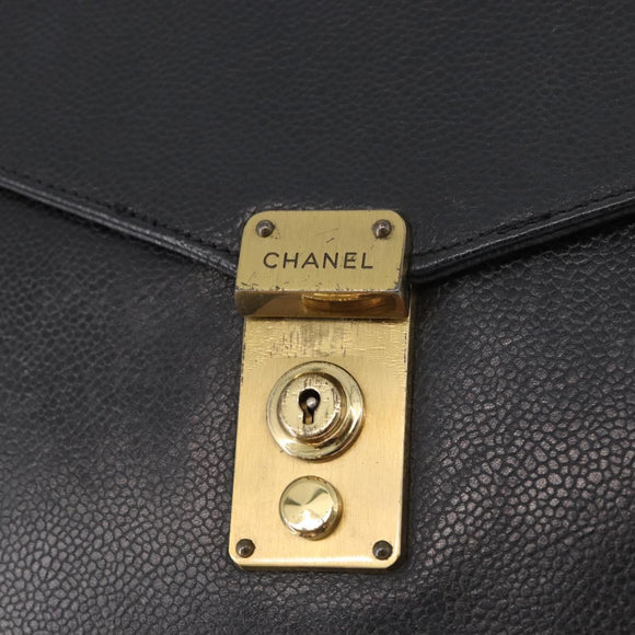 CHANEL Business Bag Caviar Skin Black Gold CC Auth ka2603