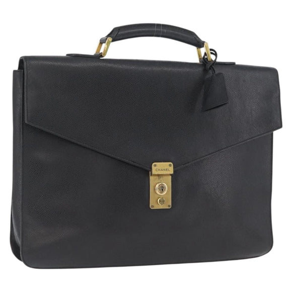 CHANEL Business Bag Caviar Skin Black Gold CC Auth ka2603