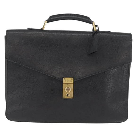 CHANEL Business Bag Caviar Skin Black Gold CC Auth ka2603