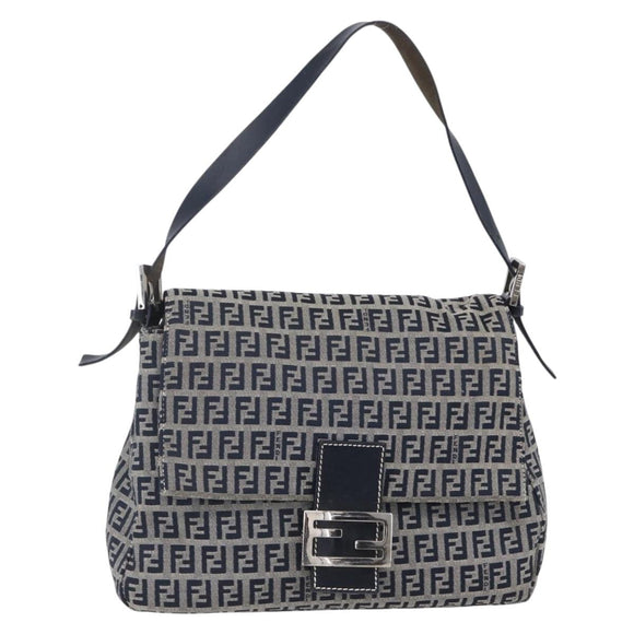 FENDI Zucchino Canvas Mamma Baguette Hand Bag Navy Silver Auth ka261