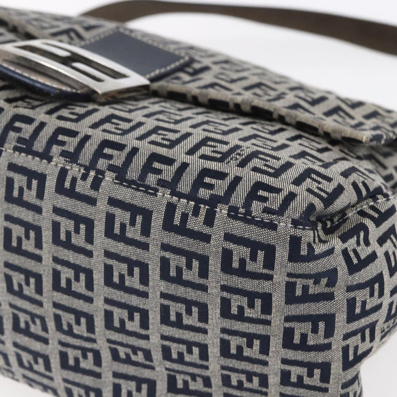 FENDI Zucchino Canvas Mamma Baguette Hand Bag Navy Silver Auth ka261