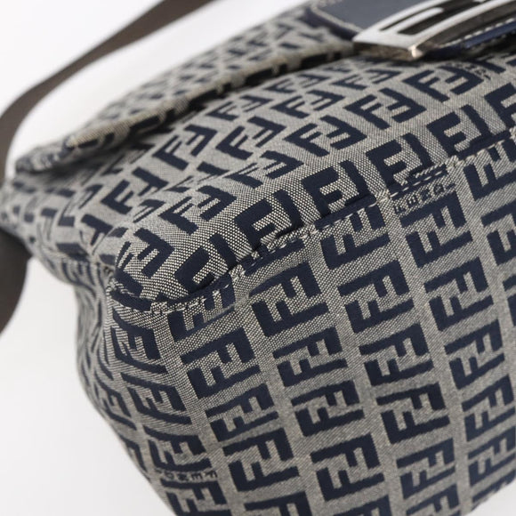 FENDI Zucchino Canvas Mamma Baguette Hand Bag Navy Silver Auth ka261