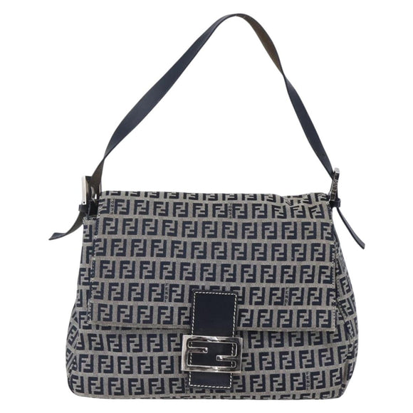 FENDI Zucchino Canvas Mamma Baguette Hand Bag Navy Silver Auth ka261