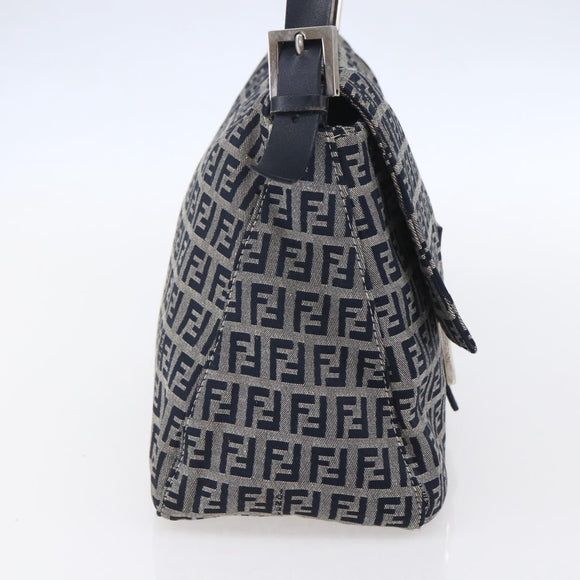 FENDI Zucchino Canvas Mamma Baguette Hand Bag Navy Silver Auth ka261