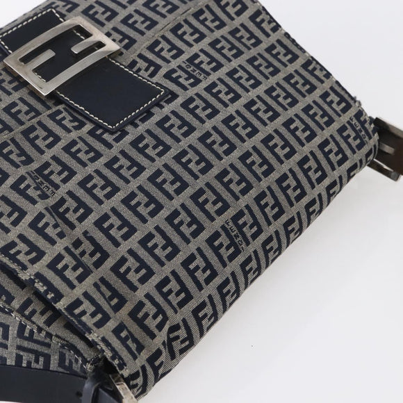 FENDI Zucchino Canvas Mamma Baguette Hand Bag Navy Silver Auth ka261