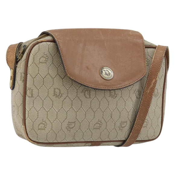 Christian Dior Honeycomb Canvas Umhängetasche PVC Beige Gold Auth ka2612