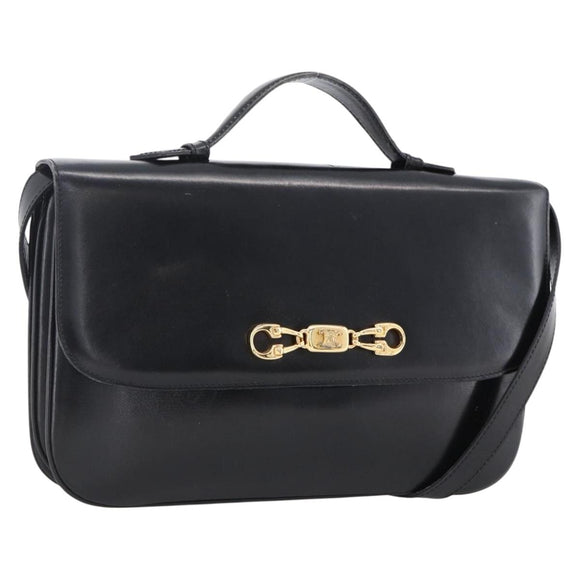 CELINE Horsebit Shoulder Bag Leather Black Gold Auth ka2765