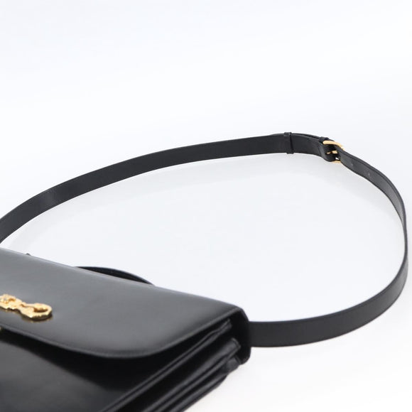 CELINE Horsebit Shoulder Bag Leather Black Gold Auth ka2765
