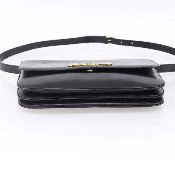 CELINE Horsebit Shoulder Bag Leather Black Gold Auth ka2765