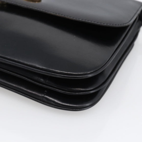 CELINE Horsebit Shoulder Bag Leather Black Gold Auth ka2765