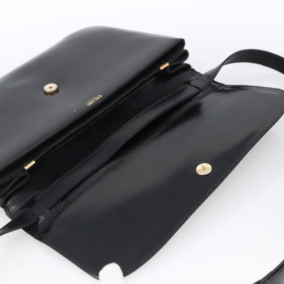 CELINE Horsebit Shoulder Bag Leather Black Gold Auth ka2765