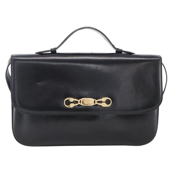 CELINE Horsebit Shoulder Bag Leather Black Gold Auth ka2765
