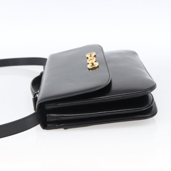 CELINE Horsebit Shoulder Bag Leather Black Gold Auth ka2765