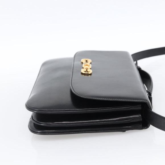 CELINE Horsebit Shoulder Bag Leather Black Gold Auth ka2765