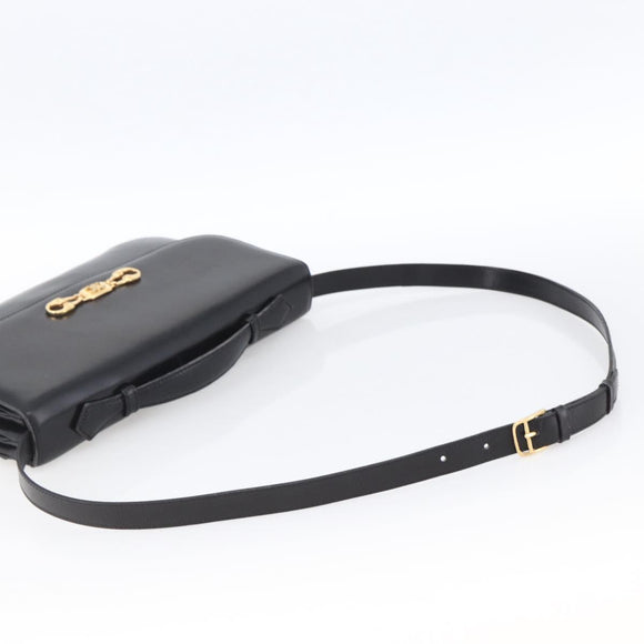 CELINE Horsebit Shoulder Bag Leather Black Gold Auth ka2765