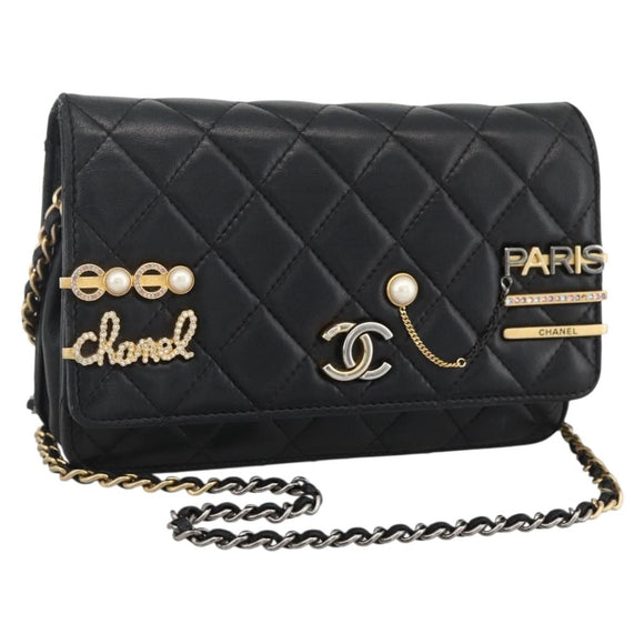 CHANEL Matelasse Chain Shoulder Bag Lamb Skin Black Gold CC Auth ka2771A