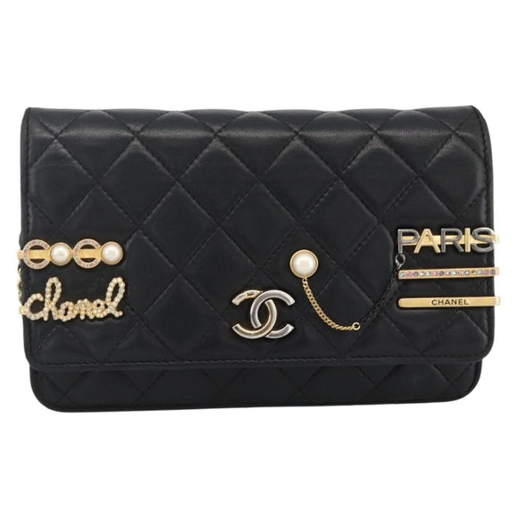CHANEL Matelasse Chain Shoulder Bag Lamb Skin Black Gold CC Auth ka2771A