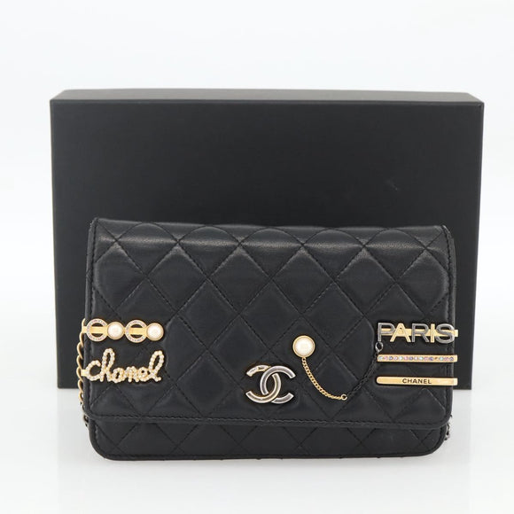 CHANEL Matelasse Chain Shoulder Bag Lamb Skin Black Gold CC Auth ka2771A