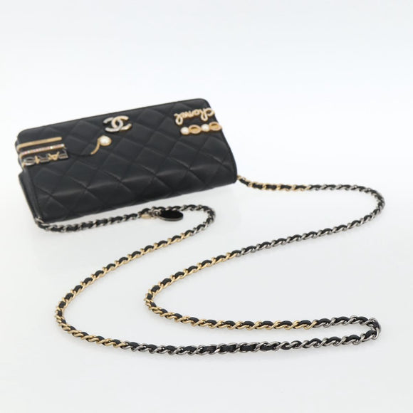 CHANEL Matelasse Chain Shoulder Bag Lamb Skin Black Gold CC Auth ka2771A