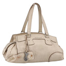 CELINE Boston Bag Leather White Silver Auth ka2783-1