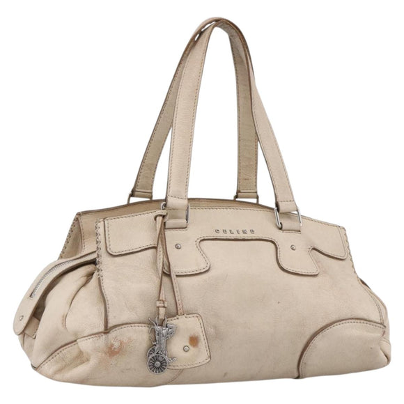 CELINE Boston Bag Leather White Silver Auth ka2783
