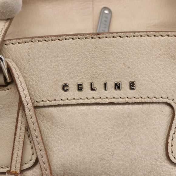 CELINE Boston Bag Leather White Silver Auth ka2783