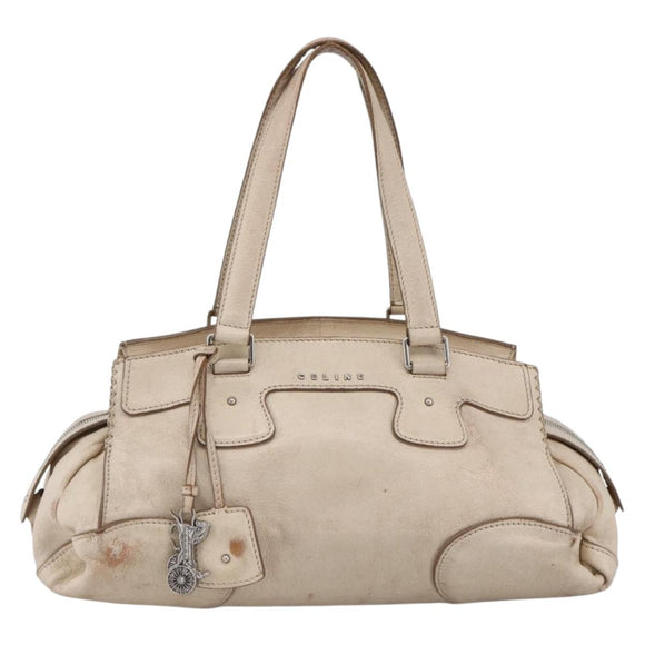 CELINE Boston Bag Leather White Silver Auth ka2783