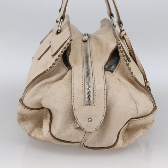 CELINE Boston Bag Leather White Silver Auth ka2783