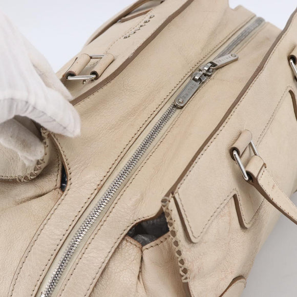CELINE Boston Bag Leather White Silver Auth ka2783