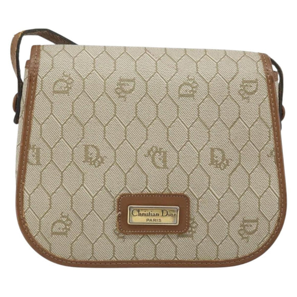 Christian Dior Honeycomb Canvas Shoulder Bag PVC Beige Gold Auth ka2785