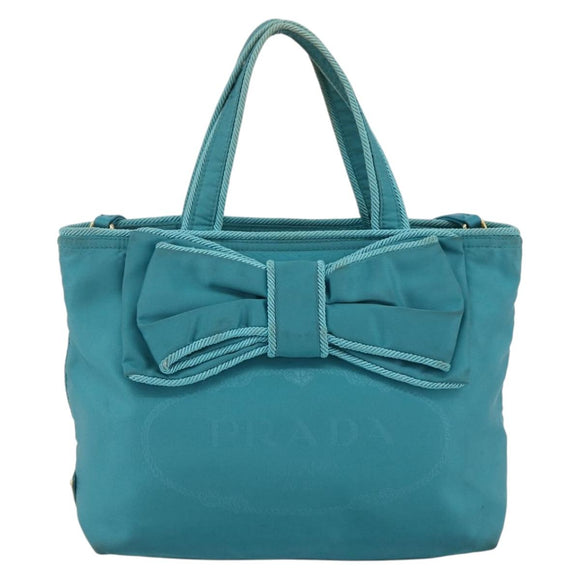 PRADA Ribbon Hand Bag Nylon 2way Light Blue Gold Auth ka2797