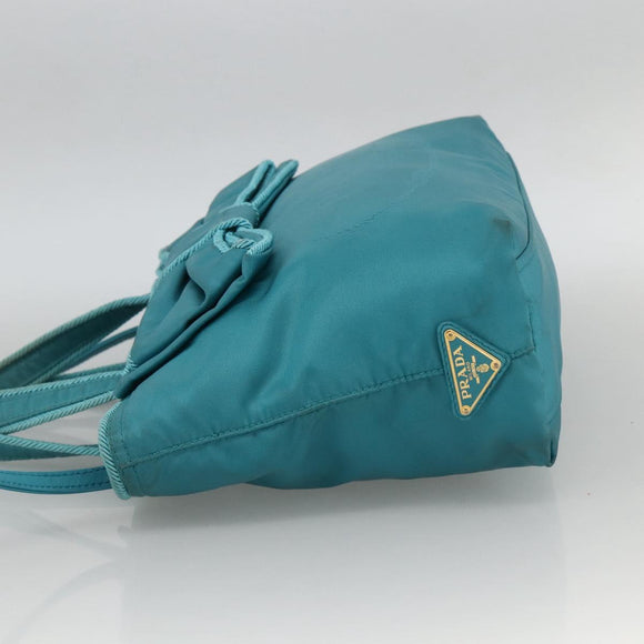 PRADA Ribbon Hand Bag Nylon 2way Light Blue Gold Auth ka2797