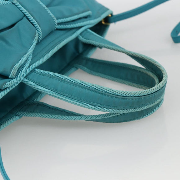 PRADA Ribbon Hand Bag Nylon 2way Light Blue Gold Auth ka2797