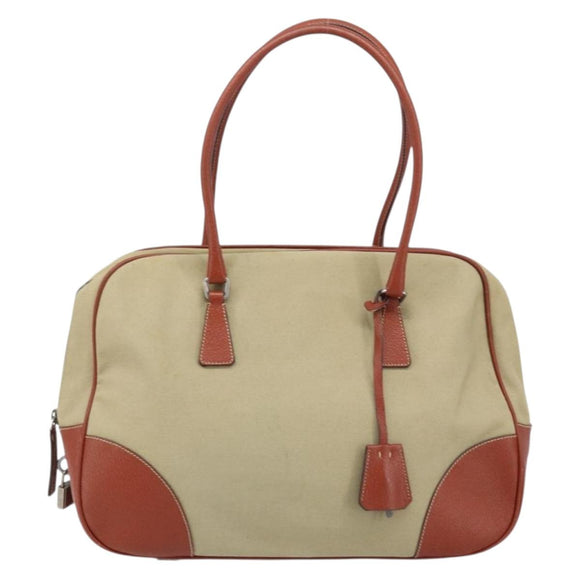PRADA Tote Bag Canvas Beige Silver Auth ka2799