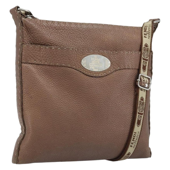 FENDI Celeria Shoulder Bag Leather Brown Silver Auth ka2864