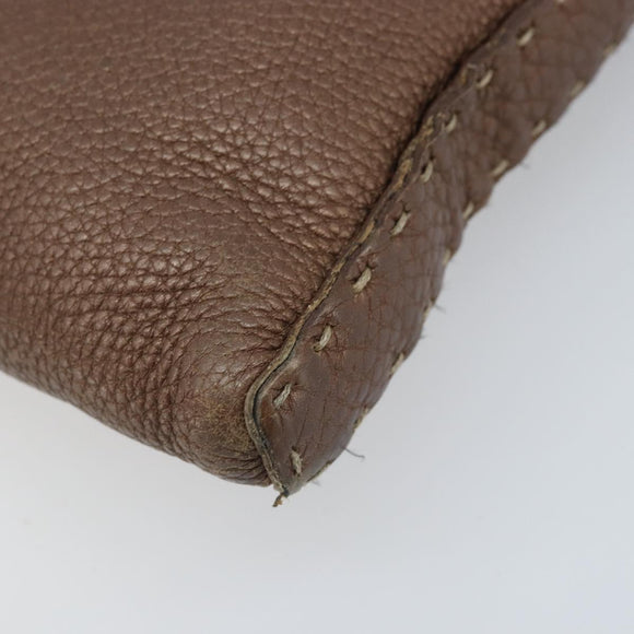 FENDI Celeria Shoulder Bag Leather Brown Silver Auth ka2864