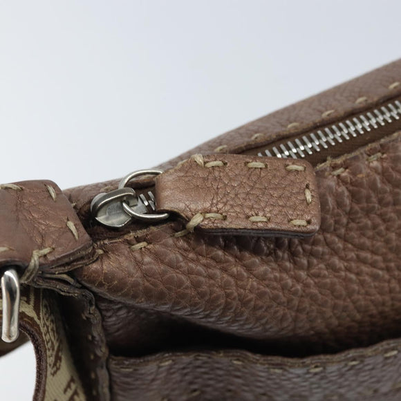 FENDI Celeria Shoulder Bag Leather Brown Silver Auth ka2864