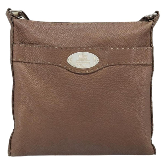 FENDI Celeria Shoulder Bag Leather Brown Silver Auth ka2864