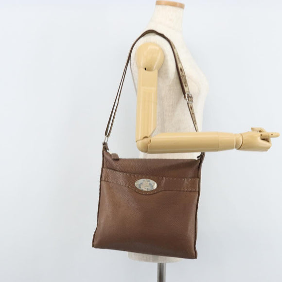 FENDI Celeria Shoulder Bag Leather Brown Silver Auth ka2864