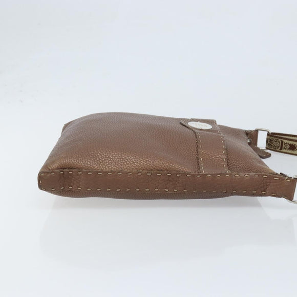 FENDI Celeria Shoulder Bag Leather Brown Silver Auth ka2864
