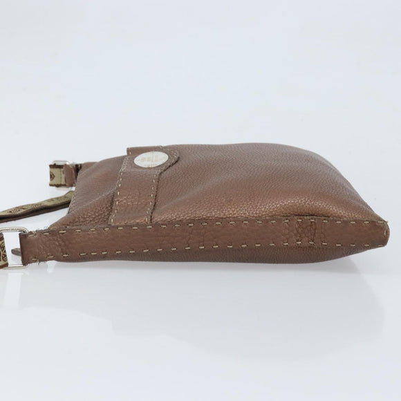 FENDI Celeria Shoulder Bag Leather Brown Silver Auth ka2864