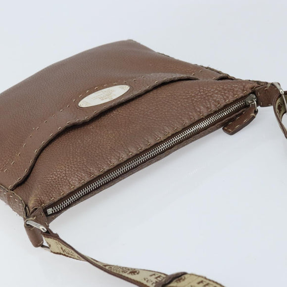 FENDI Celeria Shoulder Bag Leather Brown Silver Auth ka2864