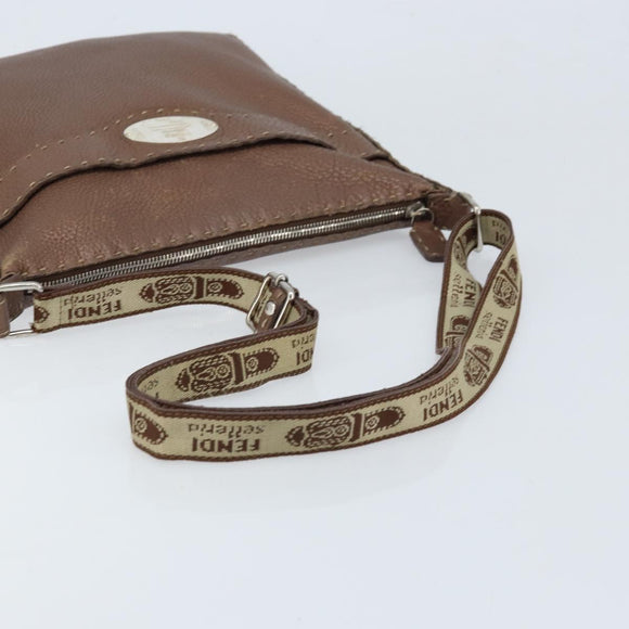 FENDI Celeria Shoulder Bag Leather Brown Silver Auth ka2864