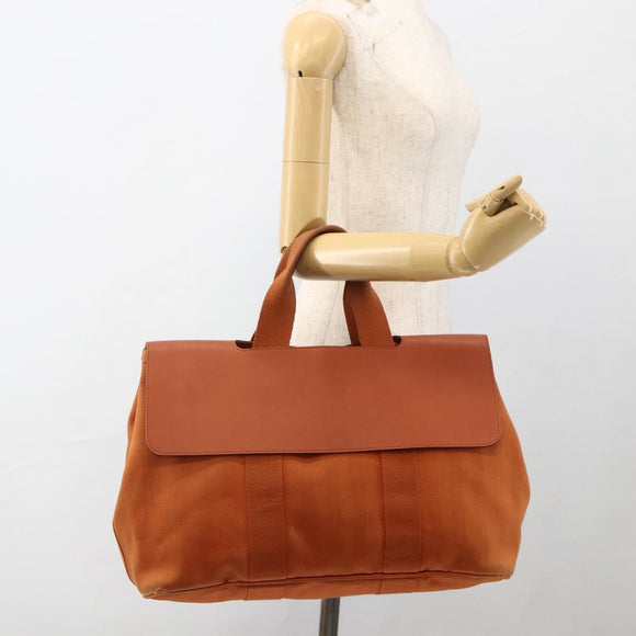 HERMES Valparaiso MM Hand Bag Canvas Leather Orange Silver Auth ka2867