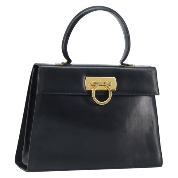 Salvatore Ferragamo Gancini Hand Bag Leather Black Gold Auth ka2938