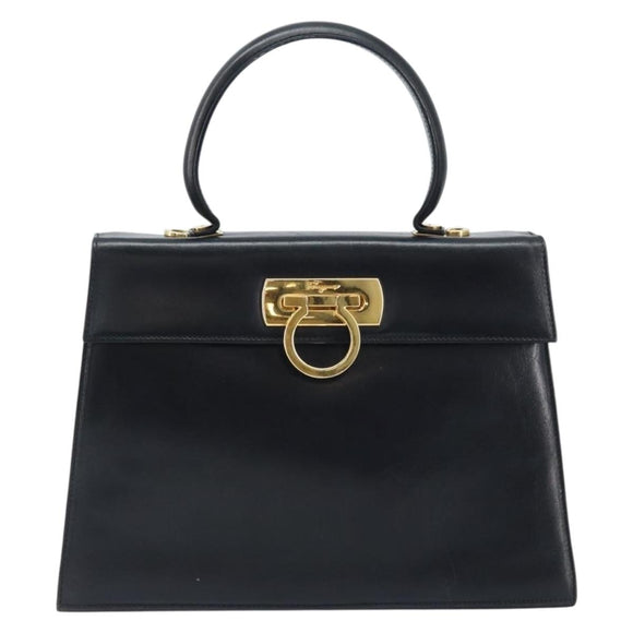 Salvatore Ferragamo Gancini Hand Bag Leather Black Gold Auth ka2938